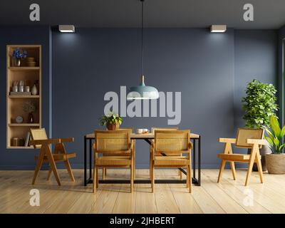 Modern style dining interior design with dark blue wall.3d rendering Stock Photo