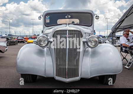 Lebanon, TN - May 14, 2022: Low perspective front view of a 1937 Chevrolet Master Pickup Truck at a local car show. Stock Photo