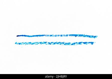 Blue color crayon hand drawing in line shape on white paper background Stock Photo