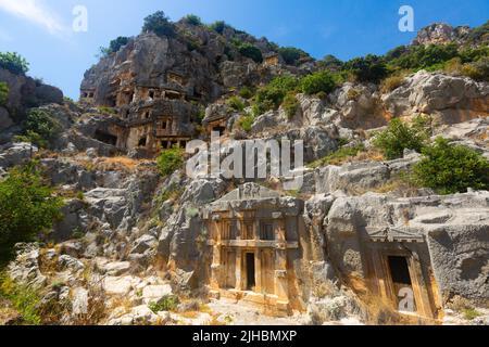 View of the ancient Lycian rock tombs in the city of Myra Stock Photo