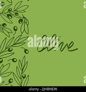 Olive tree banner template. Hand drawn doodle style background. Hand-drawn olive lettering. Design for olive oil, olive packaging, natural cosmetics, Stock Vector