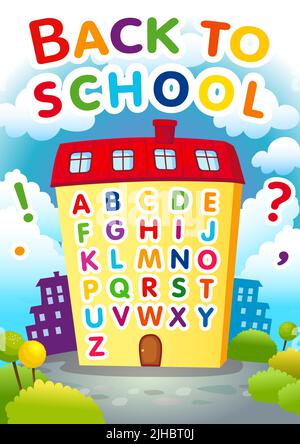 Back to school bright coloured banner. Cartoon style house and colorful lettering. Creative ABC. Isolated abstract graphic design template. Stock Vector