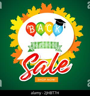 Back to School Sale icon or banner concept. Maple leaves, academic cap and 3D balloons. School background with dialogue cloud. Isolated graphic logo. Stock Vector