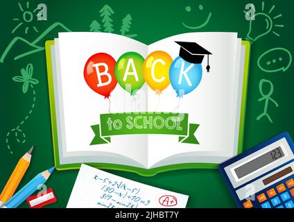 Back to School book banner. Open book with 3D balloons, white pages and motarboard cap. Isolated abstract graphic design template. Handdrawing by chal Stock Vector