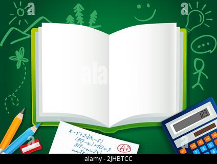 Back to School book banner background. Open book, schoolboard, stationery elements. 3D style. Sample place for invitating or congratulating text. Isol Stock Vector
