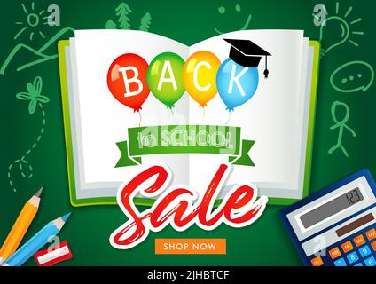 Back to School Sale coupon card or advertising banner. Open realistic book and balloons, 3D elements. Educating background. Isolated abstract graphic Stock Vector