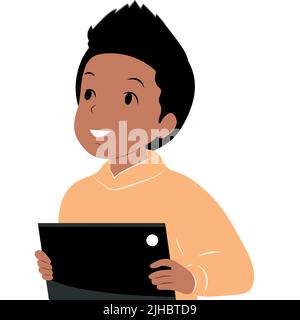 Boy African American schoolboy is engaged on the tablet. Vector flat illustration. Stock Vector