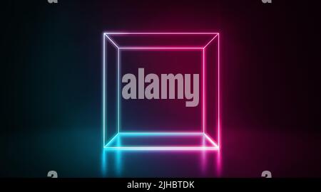 Blue and pink neon glowing box stand in darkness Stock Photo