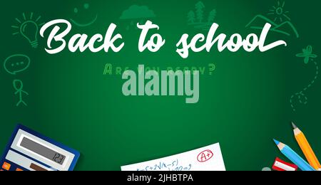 Back to school vector banner design with colored pencils, school items and space for text on green blackboard. Concept sale discount illustration of e Stock Vector