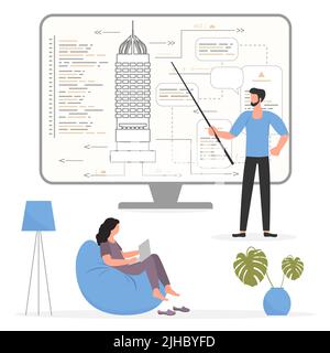 Vector illustration Teacher teaching people. Construction Architecture learning Course Workshop Lecture Development class. Architects Craftsmen Plan B Stock Vector