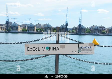 ExCel Marina, sign and view across the Royal Victoria Dock, London, UK Stock Photo