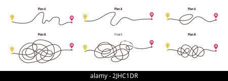 Difficult way, chaos path from point A to B. Complex chaos simplifying concept. Easy simple way. Vector illustration Stock Vector