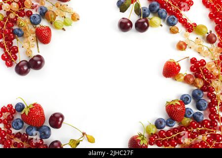 Various fresh summer berries frame on white background. Top view Stock Photo