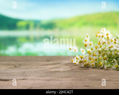 Daisies on the empty wooden table by the lake. Empty space for product and advertising space. ( selective focus ) Stock Photo