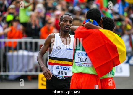 Eugene, United States. 17th July, 2022. Belgian Bashir Abdi pictured at the finish line of the marathon's event at the 19th IAAF World Athletics Championships in Eugene, Oregon, USA, Sunday 17 July 2022. The Worlds are taking place from 15 to 24 July, after being postponed in 2021 due to the ongoing corona virus pandemic. BELGA PHOTO JASPER JACOBS Credit: Belga News Agency/Alamy Live News Stock Photo