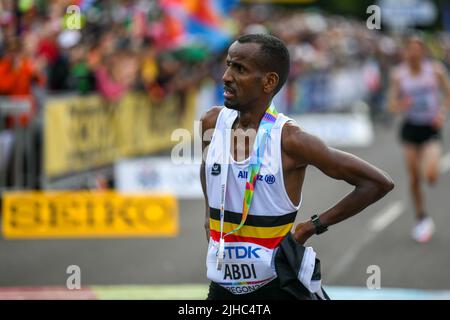 Eugene, United States. 17th July, 2022. Belgian Bashir Abdi pictured at the finish line of the marathon's event at the 19th IAAF World Athletics Championships in Eugene, Oregon, USA, Sunday 17 July 2022. The Worlds are taking place from 15 to 24 July, after being postponed in 2021 due to the ongoing corona virus pandemic. BELGA PHOTO JASPER JACOBS Credit: Belga News Agency/Alamy Live News Stock Photo