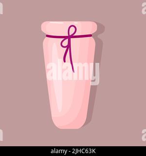 Ceramic flower vase with rope decorations. Isolated illustration on a brown background. Cartoon style. Vector. Stock Vector