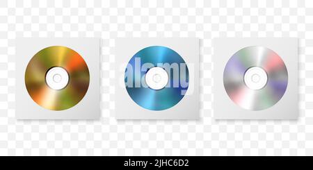 Vector 3d Realistic Golden, Blue and Multicolor CD, DVD in Paper, Plastic Case, Package, Envelope Set Closeup Isolated on White Background. Design Stock Vector