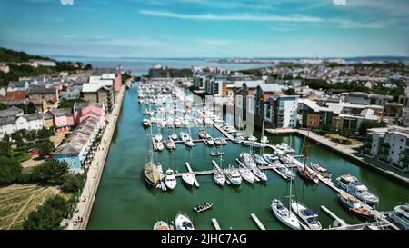 An aerial view of the Portishead Marina with boats and ships in Bristol Stock Photo