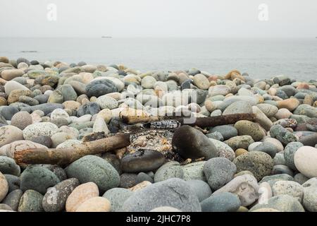 Burnt bonfire on the beach. Rubbish after night campfire on stones Stock Photo