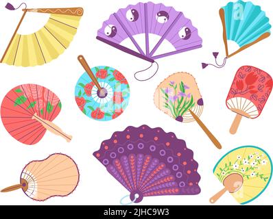 Flat asian fans. Elegant fan japan style, oriental traditional decorative hand accessories. Folding paper chinese elements for cooling wind, decent Stock Vector