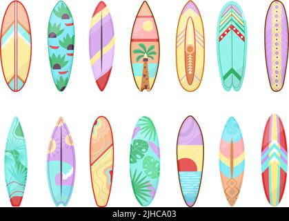 Cartoon surfing board. Surf gear, surfboard isolated for sea training. Water sport decoration boards, flat hawaii longboard decent vector summer Stock Vector