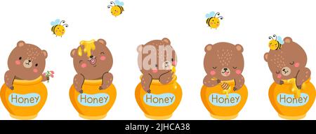 Bear in honey jar. Kids cute teddy bears friend, sweet cartoon forest animal and bee. Nice funny jars with children toy eating, sleep, joyful nowaday Stock Vector