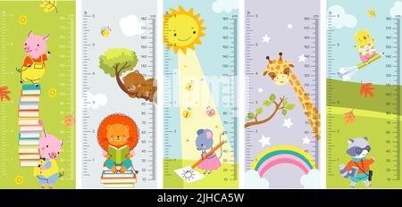 Height chart wall kids meter rulers. Baby room cartoon stickers collection. Children heights measurements with giraffe, rainbow. Kindergarten nowaday Stock Vector