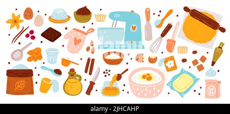Baking ingredients. Cartoon kitchen utensils. Semi finished products. Cooking process. Eggs with sugar in bowl. Flour and soda. Cake recipe. Dough Stock Vector