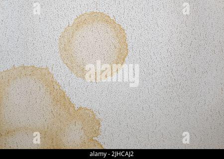 Looking directly up at a dirty stained ceiling tile. Stained were made by water leaking from above. Stock Photo