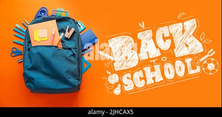 Backpack with stationery and text BACK TO SCHOOL on orange background Stock Photo