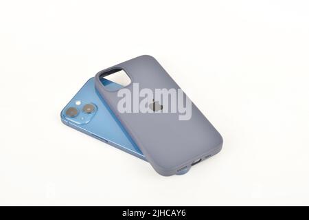 New Delhi, India -  July 8, 2022: Silicone case with iphone isolated on white background Stock Photo