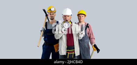 Protesting miner men on grey background Stock Photo
