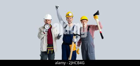 Protesting miner men on grey background Stock Photo