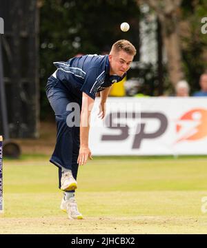 ICC Men's Cricket World Cup League 2 - Scotland v, Nepal. 17th July, 2022. Scotland take on Nepal for the second time in the ICC Div 2 Men's Cricket World Cup League 2 at Titwood, Glasgow. Pic shows: Scotland's Chris McBride bowls Credit: Ian Jacobs/Alamy Live News Stock Photo