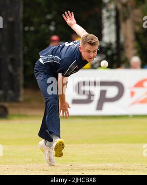 ICC Men's Cricket World Cup League 2 - Scotland v, Nepal. 17th July, 2022. Scotland take on Nepal for the second time in the ICC Div 2 Men's Cricket World Cup League 2 at Titwood, Glasgow. Pic shows: Scotland's Chris McBride bowls. Credit: Ian Jacobs/Alamy Live News Stock Photo
