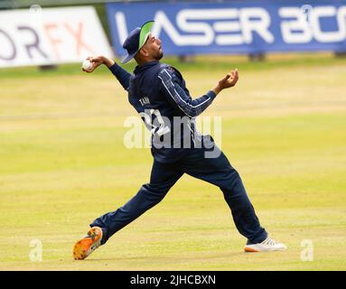 ICC Men's Cricket World Cup League 2 - Scotland v, Nepal. 17th July, 2022. Scotland take on Nepal for the second time in the ICC Div 2 Men's Cricket World Cup League 2 at Titwood, Glasgow. Pic shows: Scotland's Hamza Tahir fields. Credit: Ian Jacobs/Alamy Live News Stock Photo