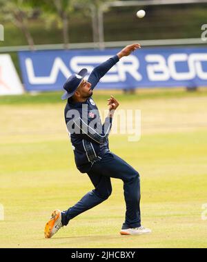 ICC Men's Cricket World Cup League 2 - Scotland v, Nepal. 17th July, 2022. Scotland take on Nepal for the second time in the ICC Div 2 Men's Cricket World Cup League 2 at Titwood, Glasgow. Pic shows: Scotland's Hamza Tahir fields. Credit: Ian Jacobs/Alamy Live News Stock Photo