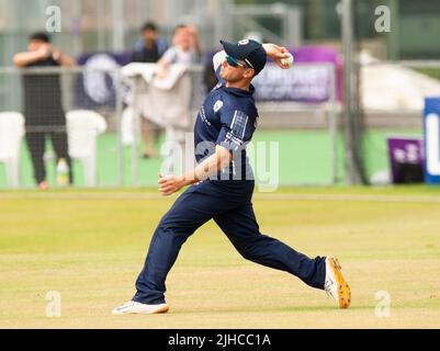 ICC Men's Cricket World Cup League 2 - Scotland v, Nepal. 17th July, 2022. Scotland take on Nepal for the second time in the ICC Div 2 Men's Cricket World Cup League 2 at Titwood, Glasgow. Pic shows: Great fielding by Scotland's Chris Greaves. Credit: Ian Jacobs/Alamy Live News Stock Photo