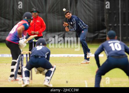 ICC Men's Cricket World Cup League 2 - Scotland v, Nepal. 17th July, 2022. Scotland take on Nepal for the second time in the ICC Div 2 Men's Cricket World Cup League 2 at Titwood, Glasgow. Pic shows: Scotland's Hamza Tahir bowls. Credit: Ian Jacobs/Alamy Live News Stock Photo