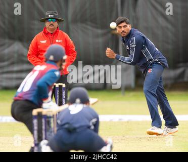 ICC Men's Cricket World Cup League 2 - Scotland v, Nepal. 17th July, 2022. Scotland take on Nepal for the second time in the ICC Div 2 Men's Cricket World Cup League 2 at Titwood, Glasgow. Pic shows: Scotland's Hamza Tahir bowls. Credit: Ian Jacobs/Alamy Live News Stock Photo