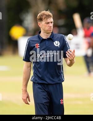 ICC Men's Cricket World Cup League 2 - Scotland v, Nepal. 17th July, 2022. Scotland take on Nepal for the second time in the ICC Div 2 Men's Cricket World Cup League 2 at Titwood, Glasgow. Pic shows: Scotland's Gavin Main. Credit: Ian Jacobs/Alamy Live News Stock Photo