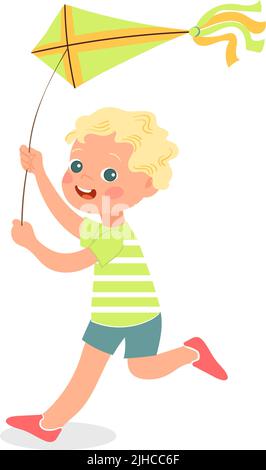 Happy summer game. Kid running with flying kite Stock Vector