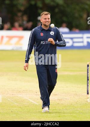 ICC Men's Cricket World Cup League 2 - Scotland v, Nepal. 17th July, 2022. Scotland take on Nepal for the second time in the ICC Div 2 Men's Cricket World Cup League 2 at Titwood, Glasgow. Pic shows: Scotland's Mark Watt. Credit: Ian Jacobs/Alamy Live News Stock Photo