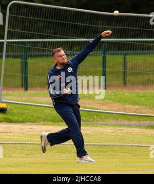 ICC Men's Cricket World Cup League 2 - Scotland v, Nepal. 17th July, 2022. Scotland take on Nepal for the second time in the ICC Div 2 Men's Cricket World Cup League 2 at Titwood, Glasgow. Pic shows: Scotland's Mark Watt fields. Credit: Ian Jacobs/Alamy Live News Stock Photo