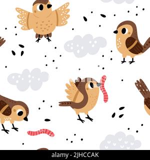 Cute sparrows seamless pattern. Cartoon print with brown birds. Flying animals pecking seeds and caterpillars. City fauna. Urban inhabitants. Avian Stock Vector