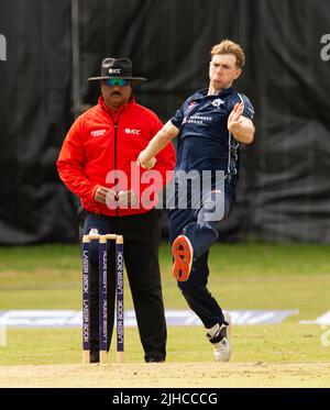 ICC Men's Cricket World Cup League 2 - Scotland v, Nepal. 17th July, 2022. Scotland take on Nepal for the second time in the ICC Div 2 Men's Cricket World Cup League 2 at Titwood, Glasgow. Pic shows: Scotland's Gavin Main bowls, Credit: Ian Jacobs/Alamy Live News Stock Photo