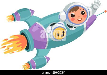 Kid and dog flying on space rocket. Happy astronauts Stock Vector