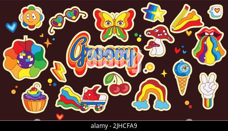 Psychedelic retro stickers in cartoon style. Set of retro elements in funky, hippie style. Rainbow, mushrooms, eyes, disco ball. Vector illustration o Stock Vector