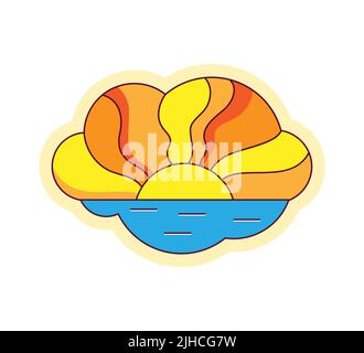 Retro sticker rainbow sun rising over the water. Groove style. Vector illustration Stock Vector